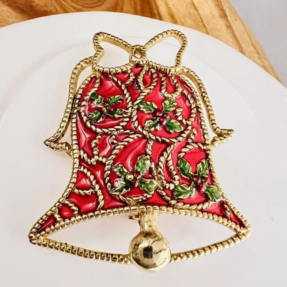 Vintage Danecraft Brooch Gold Tone Red Plique-A-Jour Style Bell Christmas 1256